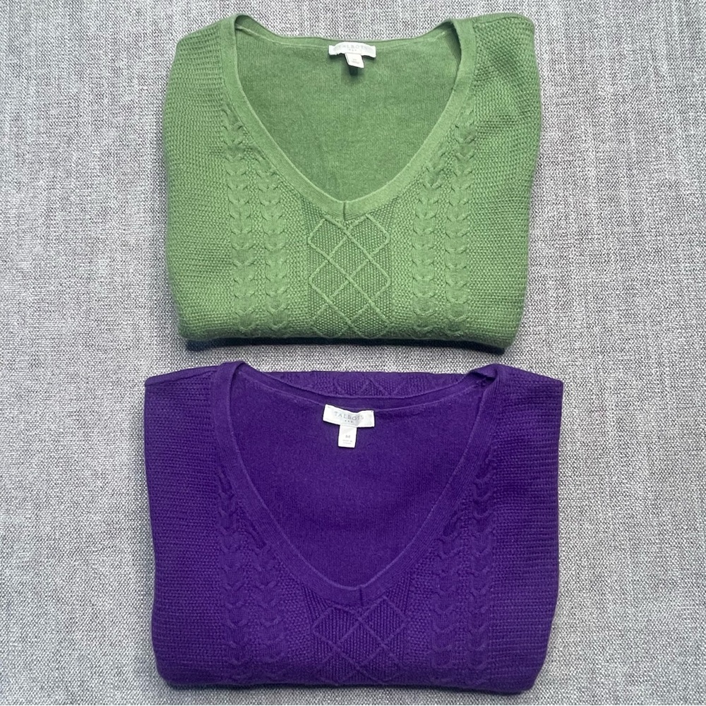 Talbots Classic Purple & Green Size M 100% Cotton Cable Knit Sweater Lot of 2
